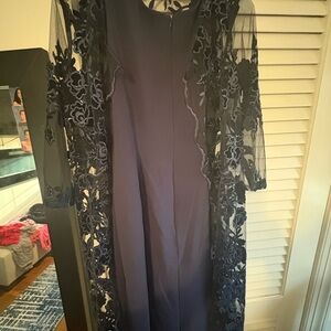 Oleg Cassini Navy Blue Lace-Overlay Long Sleeve Dress